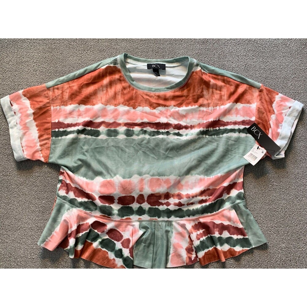 BCX Top Womens Large Short Sleeve Tie Dye Look Green White Cuffed sleeves